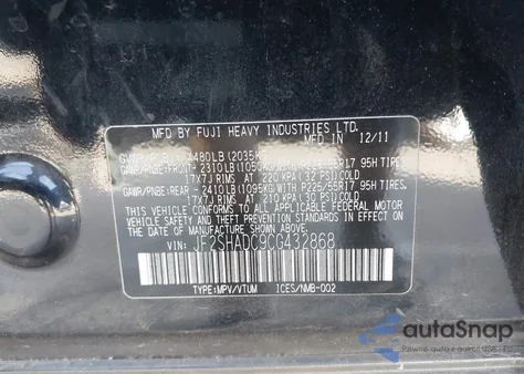 2012 Subaru Forester 2.5X Premium z USA, uszkodzony, nr VIN JF2SHADC9CG432868